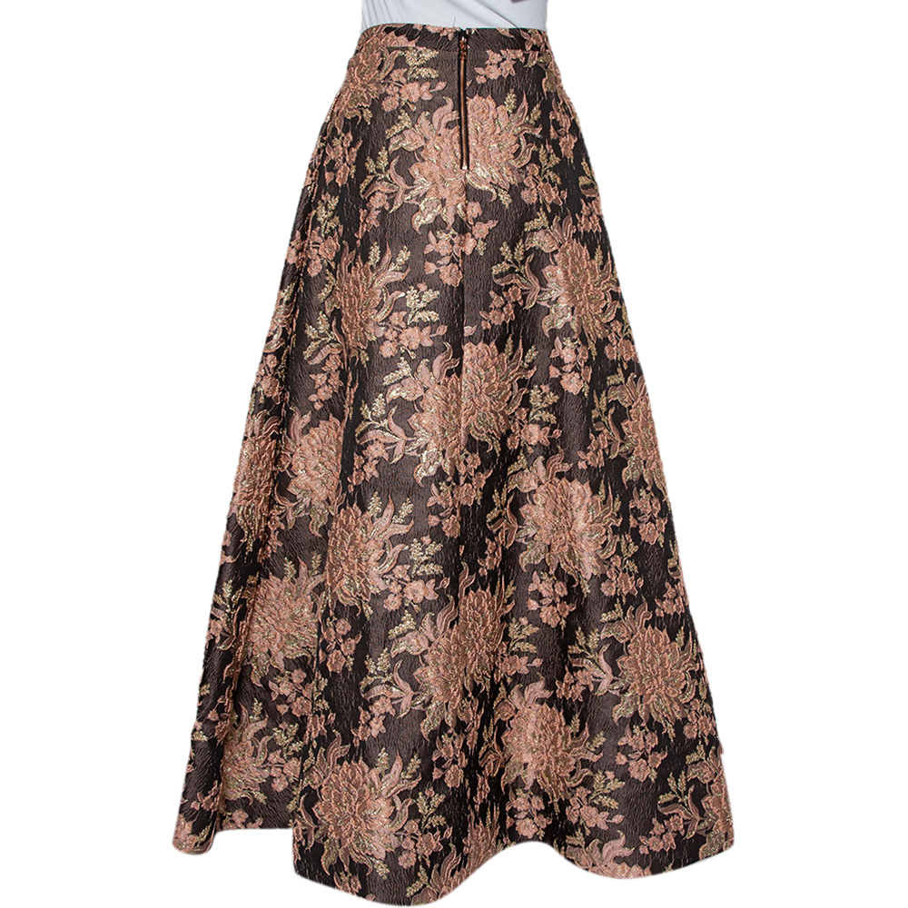 Alice + Olivia  Brown Lurex Floral Jacquard Pleated Rachelle Maxi Skirt S