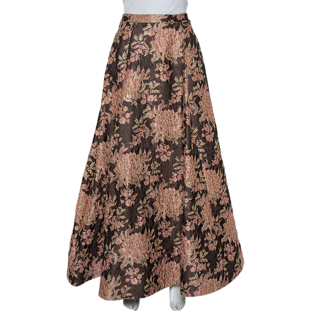 Alice + Olivia  Brown Lurex Floral Jacquard Pleated Rachelle Maxi Skirt S