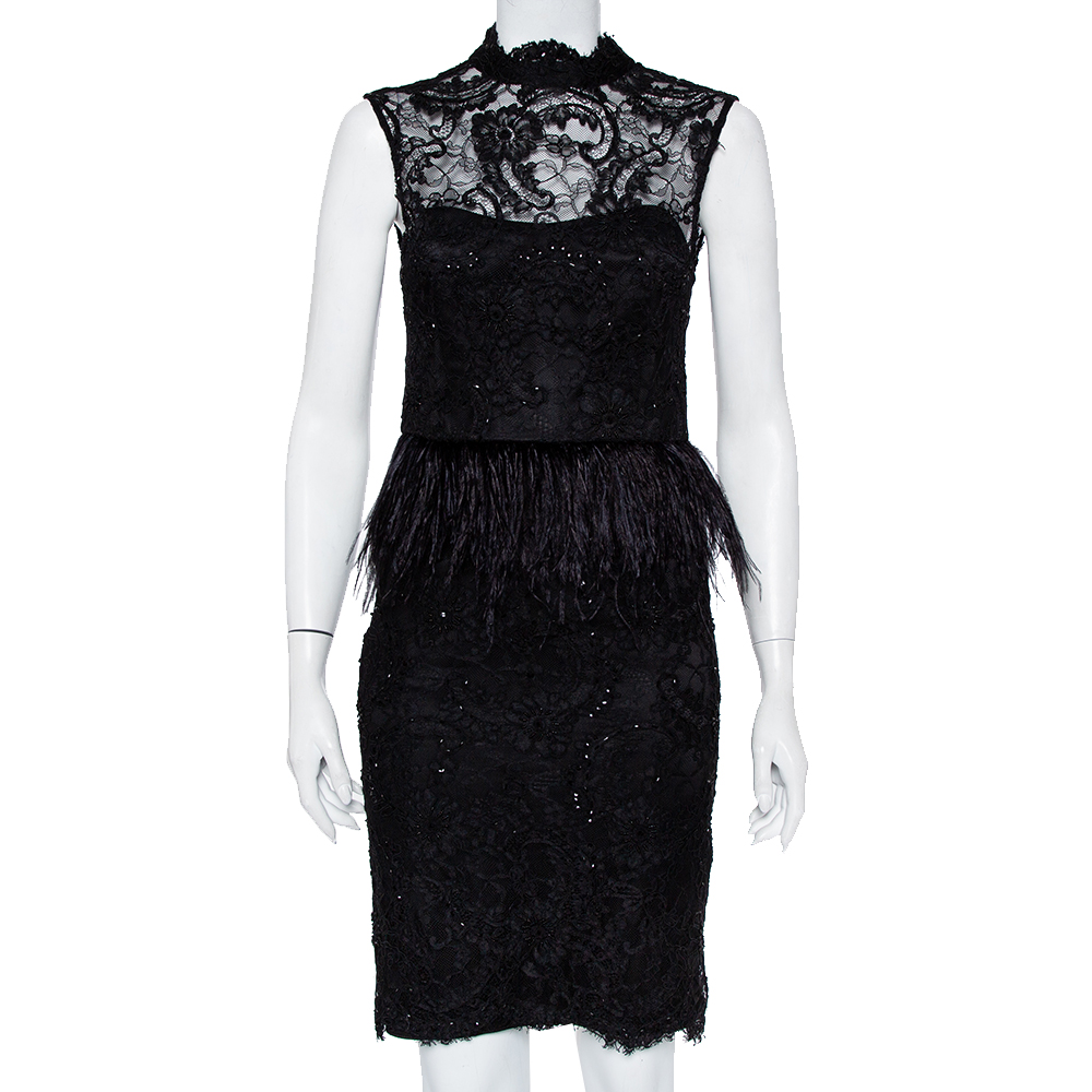 Alice + olivia black embellished lace & feather trim patricia peplum dress s