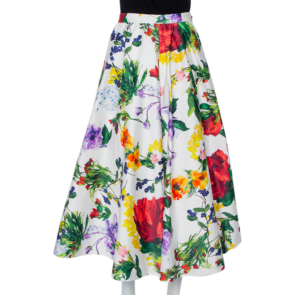 Alice + Olivia White Floral Printed Cotton Flared Maxi Skirt S