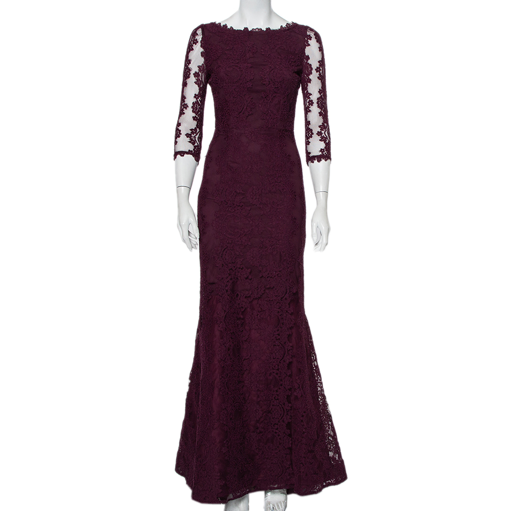 Alice + Olivia Purple Lace Open Back Fishtail Detail Gown S