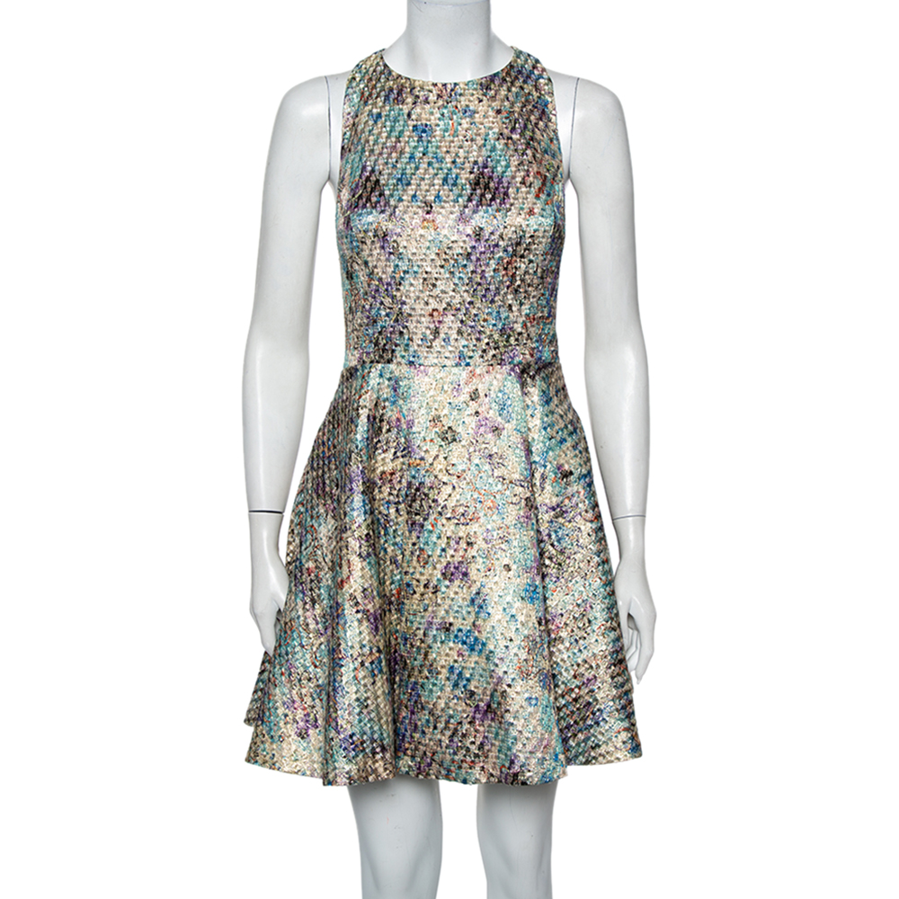 Alice + olivia multicolor lurex jacquard cutout detail mini dress s