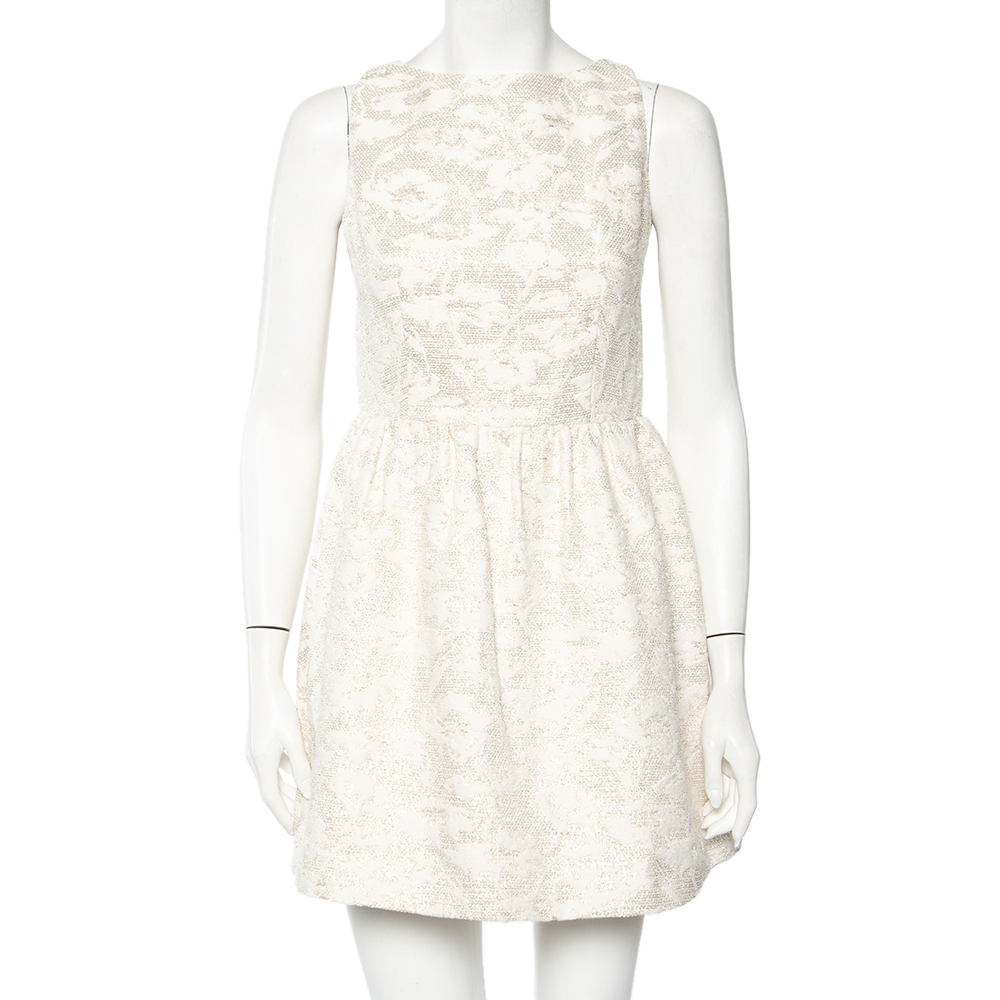 Alice + olivia off-white lurex jacquard open back lillyanne dress s