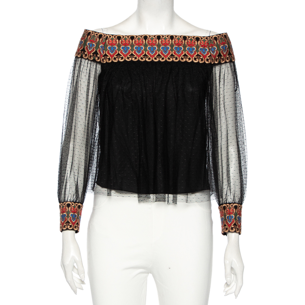 

Alice + Olivia Black Embroidered Tulle Off-Shoulder Blouse