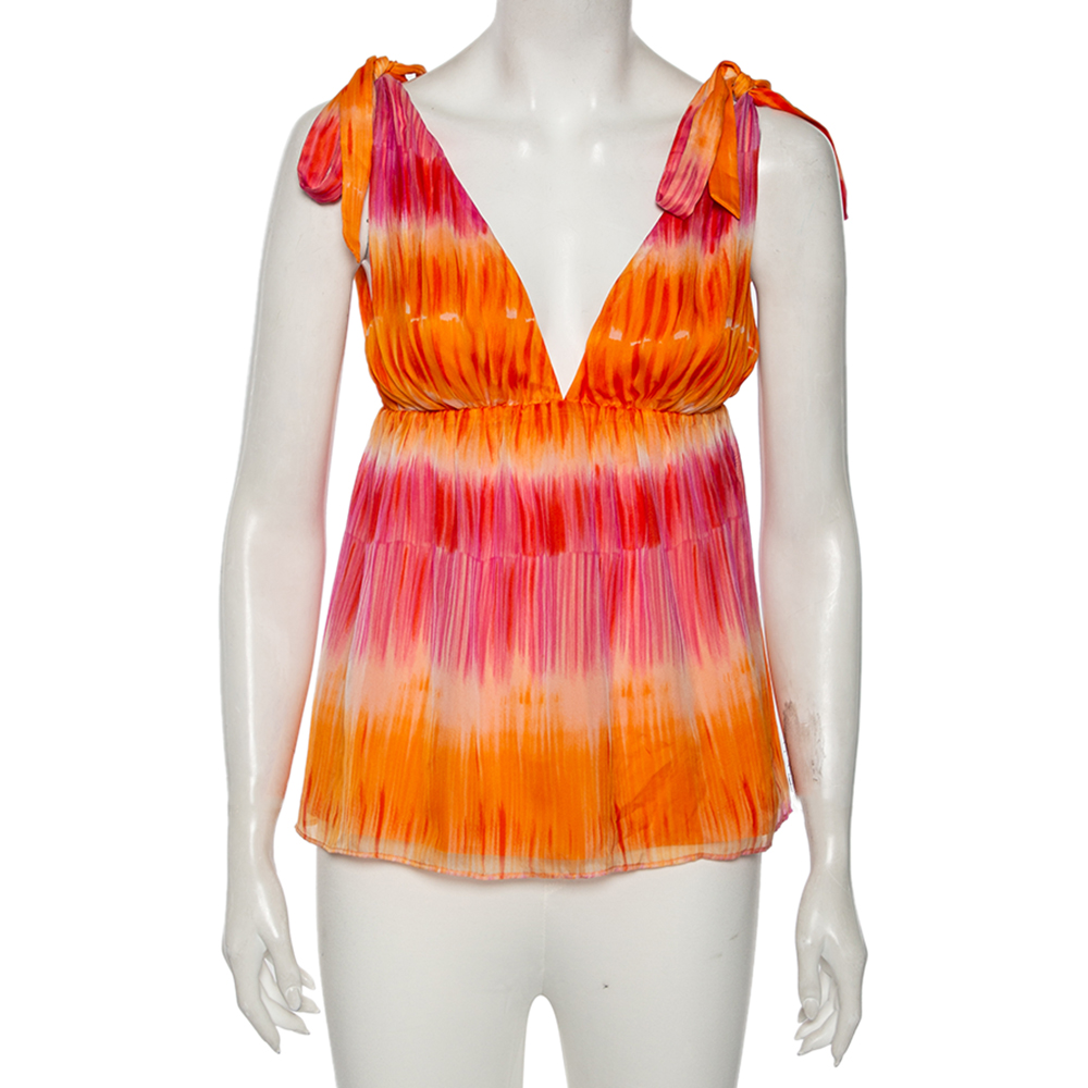 Alice + olivia orange & pink silk plunge neck tie-up detail top s