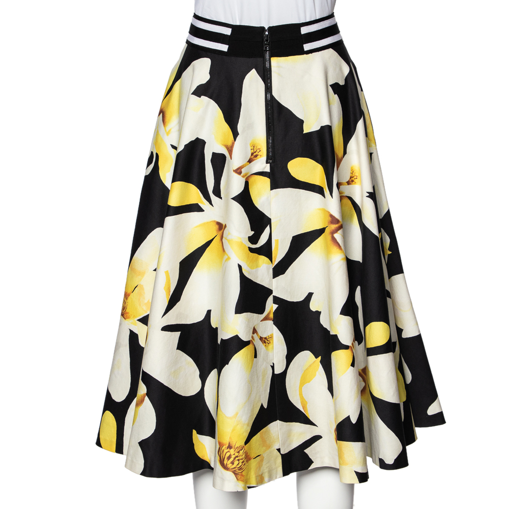 Alice + Olivia Black Magnolia Print Cotton Dianna Midi Skirt L