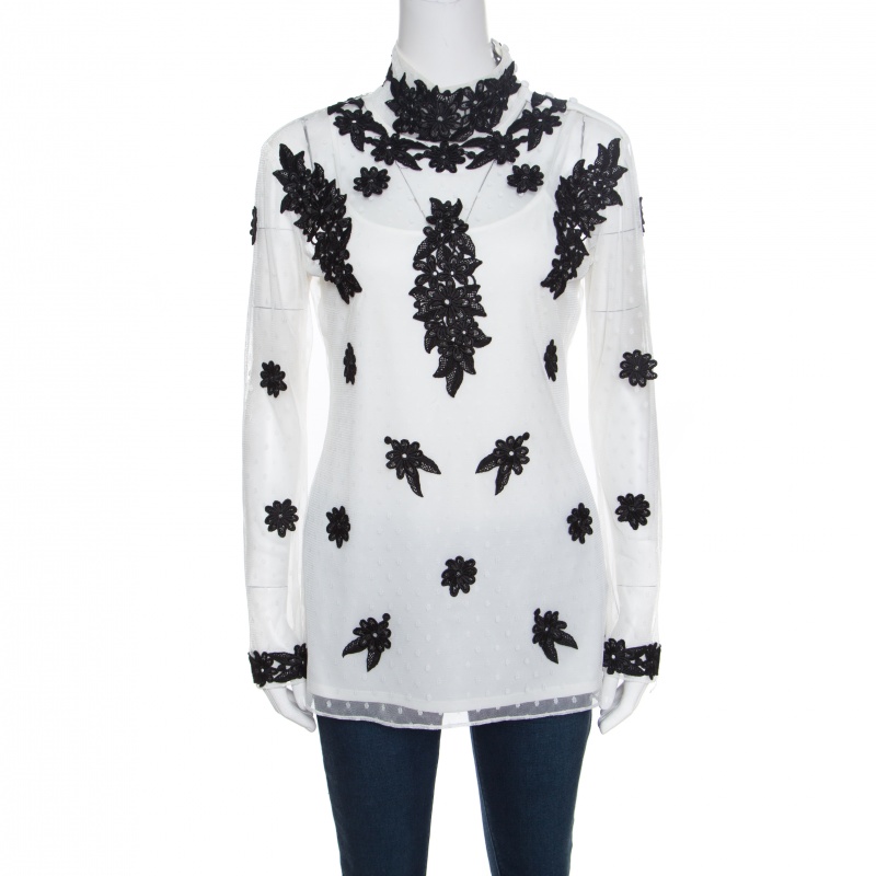 Image of Alice by Temperley White Dotted Tulle Contrast Floral Lace Applique Evelyn Top M
