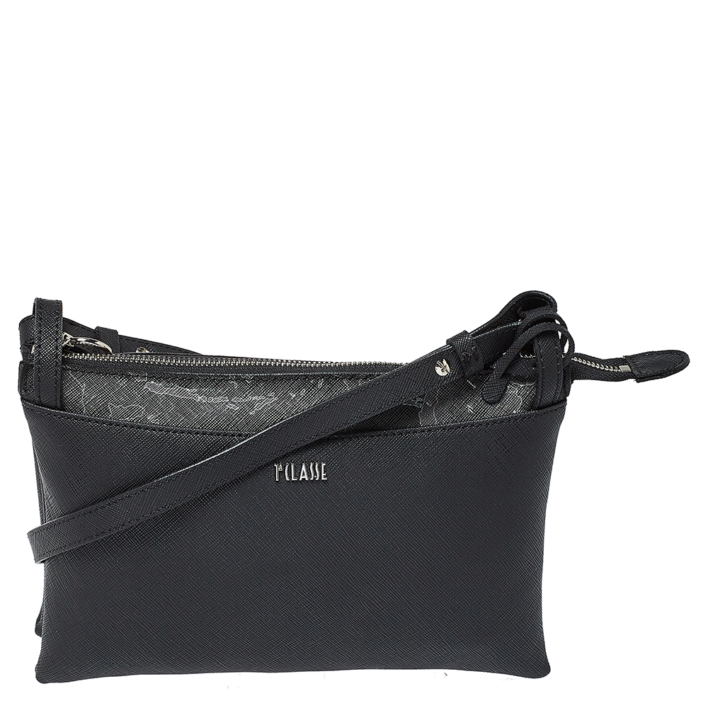 Alivero Martini 1A Classe Black Geo Print Coated Canvas and Leather Zip Shoulder Bag