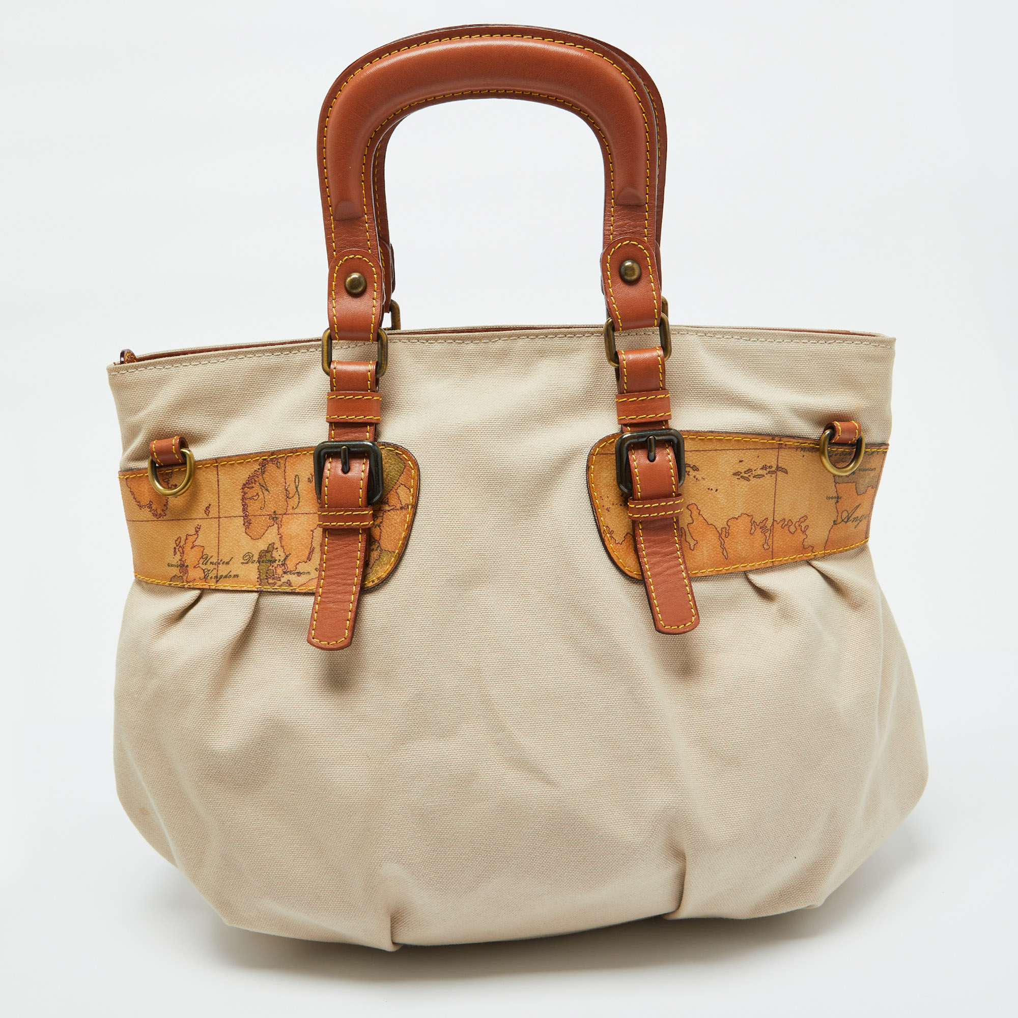 Alviero Martini 1A Classe Beige/Brown Geo Print Coated Canvas,Canvas And Leather Satchel