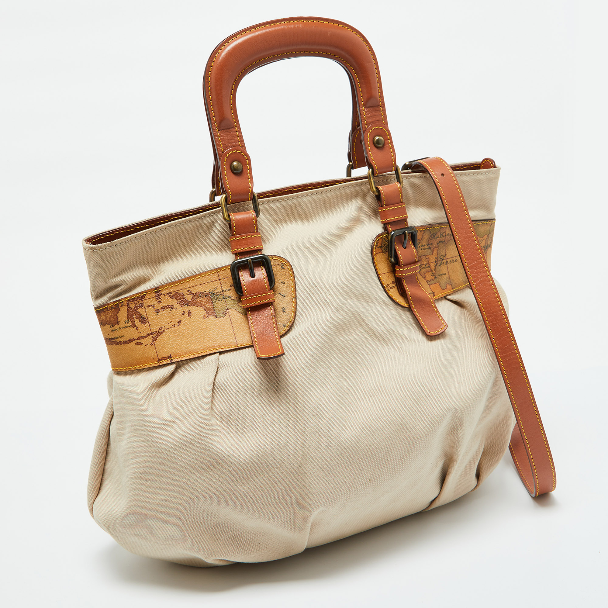 Alviero Martini 1A Classe Beige/Brown Geo Print Coated Canvas,Canvas And Leather Satchel