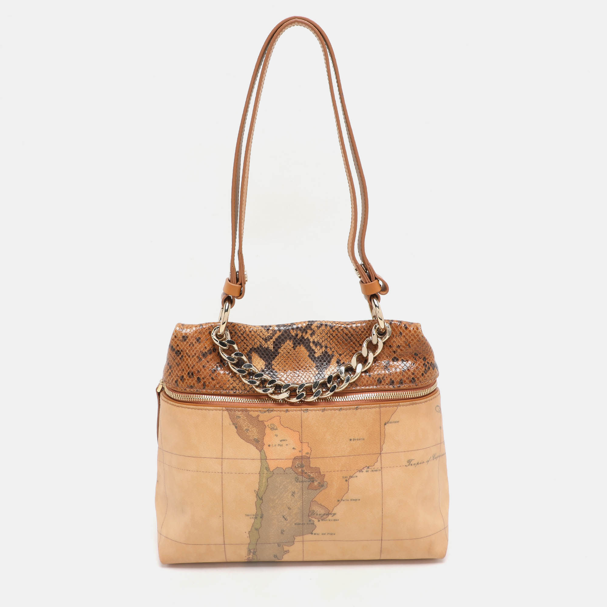 Alviero Martini 1A Classe Tan Geo Canvas and Python Embossed Leather Top Handle Bag
Alviero Martini 1A Classe Tan Geo Canvas and Python Embossed Leather Top Handle Bag