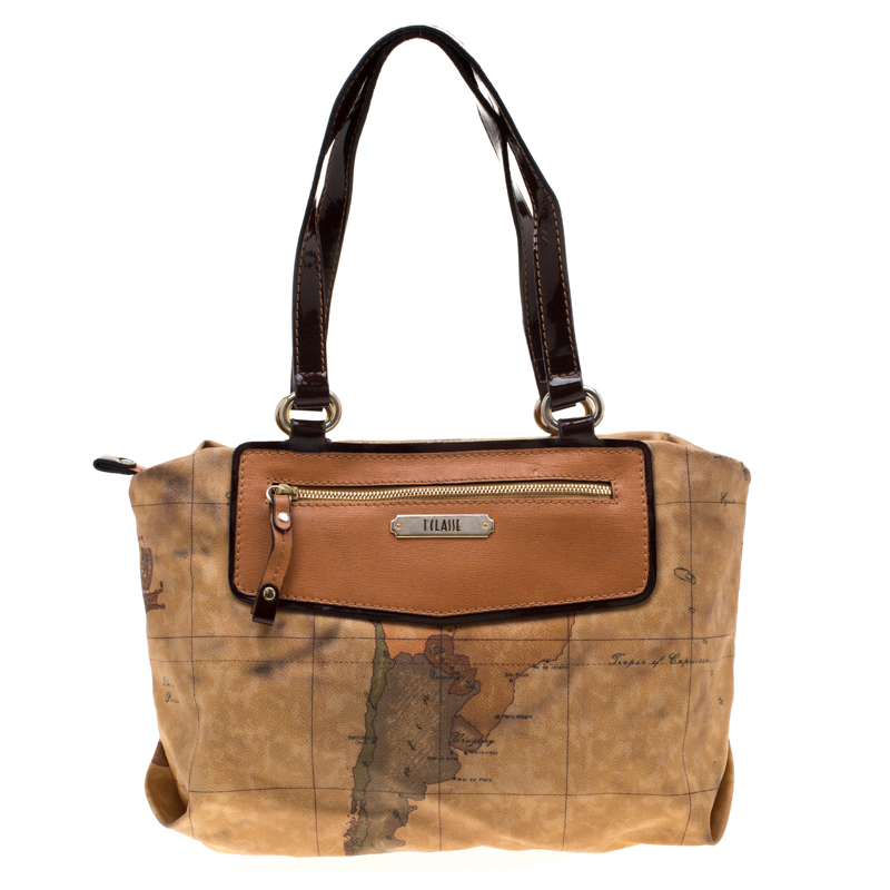Image of Alviero Martini A Classe Brown Geo Print Coated Canvas Satchel