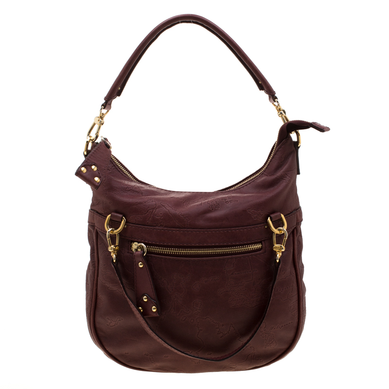 

Alviero Martini 1A Classe Marron Map Embossed Leather Shoulder Bag, Burgundy