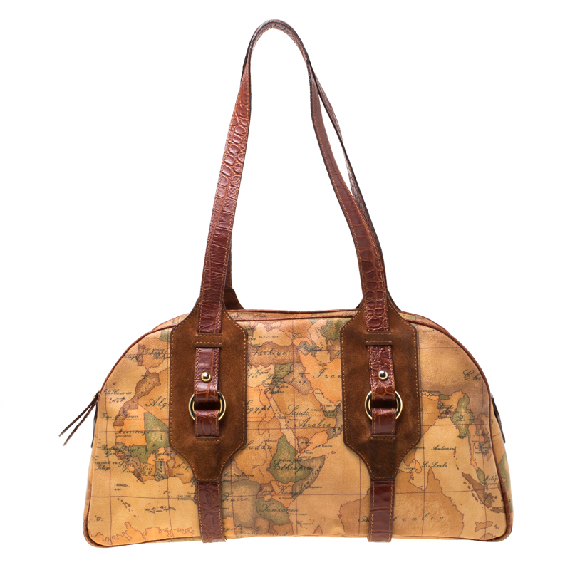 Image of Alviero Martini A Classe Brown Geo Print Canvas and Leather Satchel