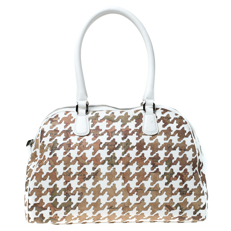 Image of Alviero Martini A Classe White/Beige Printed Coated Canvas Satchel