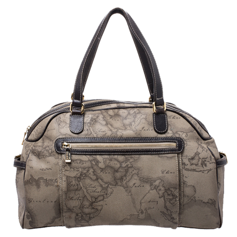 Image of Alviero Martini A Classe Grey Geo Printed Coated Canvas Satchel