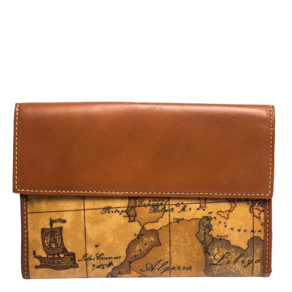 Image of Alviero Martini A Classe Tan Geo Map Coated Canvas and Leather Multiple Pocket Flap Wallet