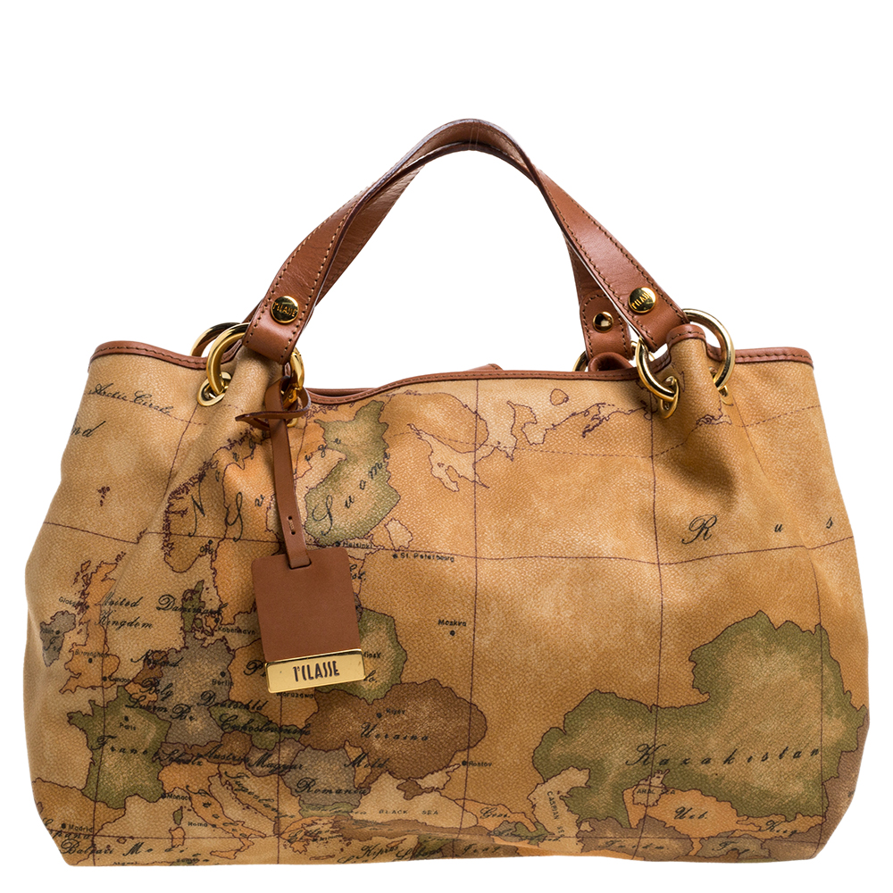 Image of Alviero Martini A Classe Brown Geo Print Coated Canvas Contemporary Satchel