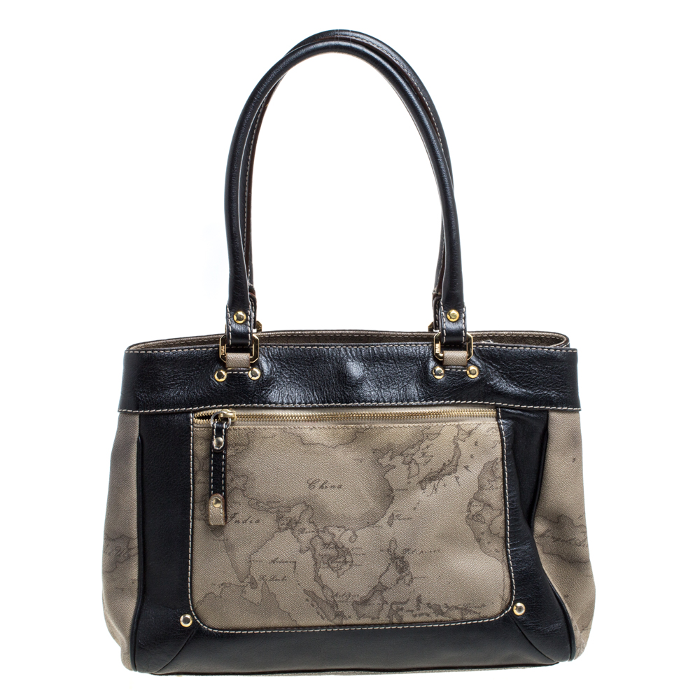 Alviero martini 1a classe black/beige geo print coated canvas and leather tote