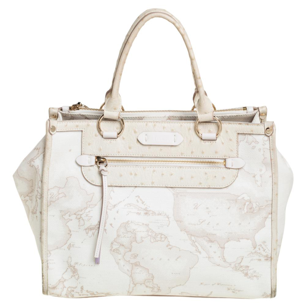 Alviero Martini 1A Classe Cream Coated Canvas And Ostrich Embossed Leather Geo Sahara Tote