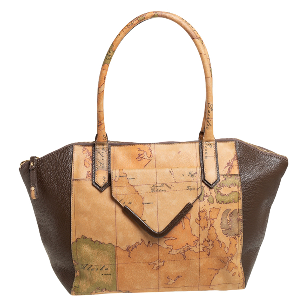 Alviero Martini 1A Classe Tan/Brown Geo Print Coated Canvas and Leather Front Pocket Satchel