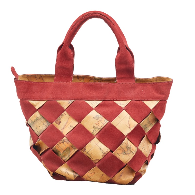 米色/红色印花编织涂层帆布和麂皮手提包