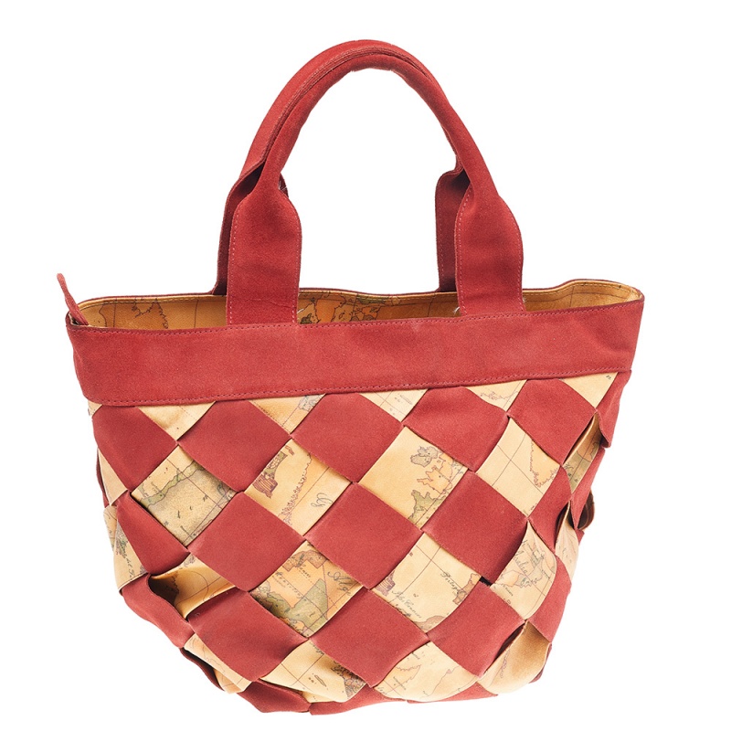 Alviero Martini 1A Classe Beige/Red Geo Print Woven Coated Canvas And Suede Tote