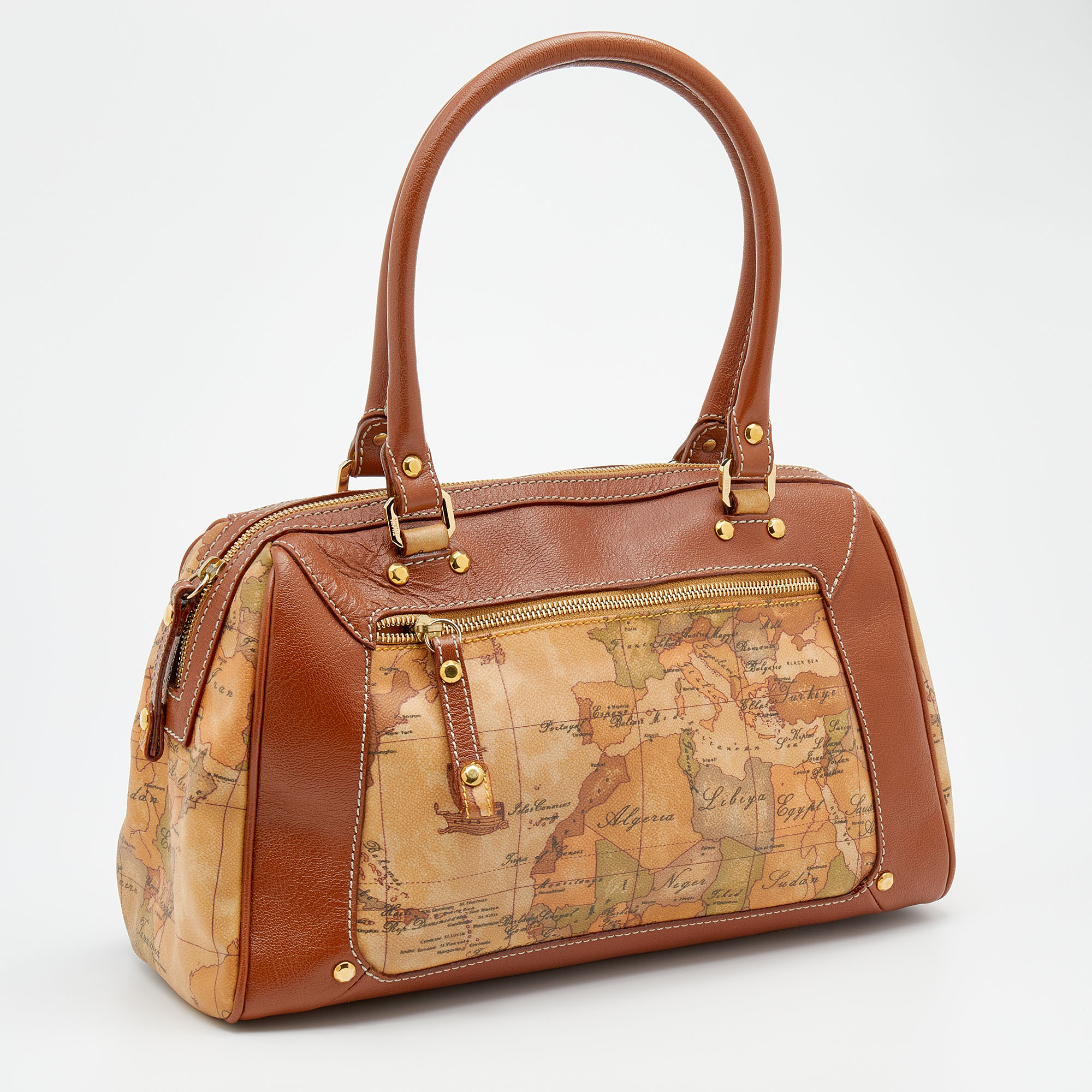 Alviero Martini 1A Classe Tan/Brown Geo Print Coated Canvas And Leather Satchel