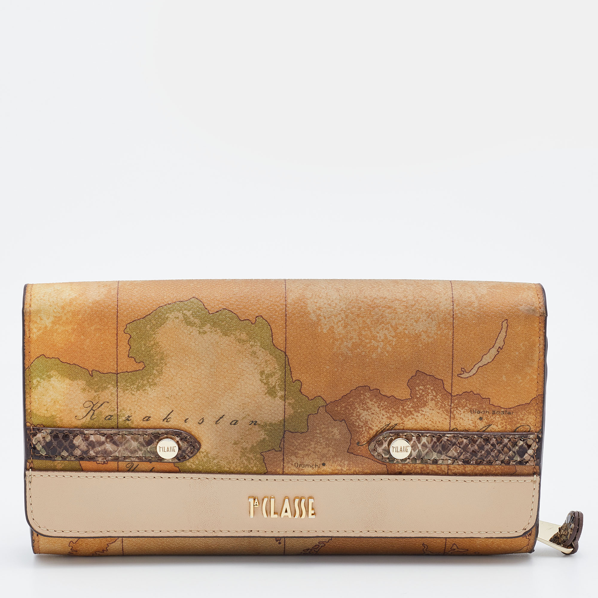 Alviero Martini 1A Classe Tan Geo Print Coated Canvas And Leather Flap Continental Wallet