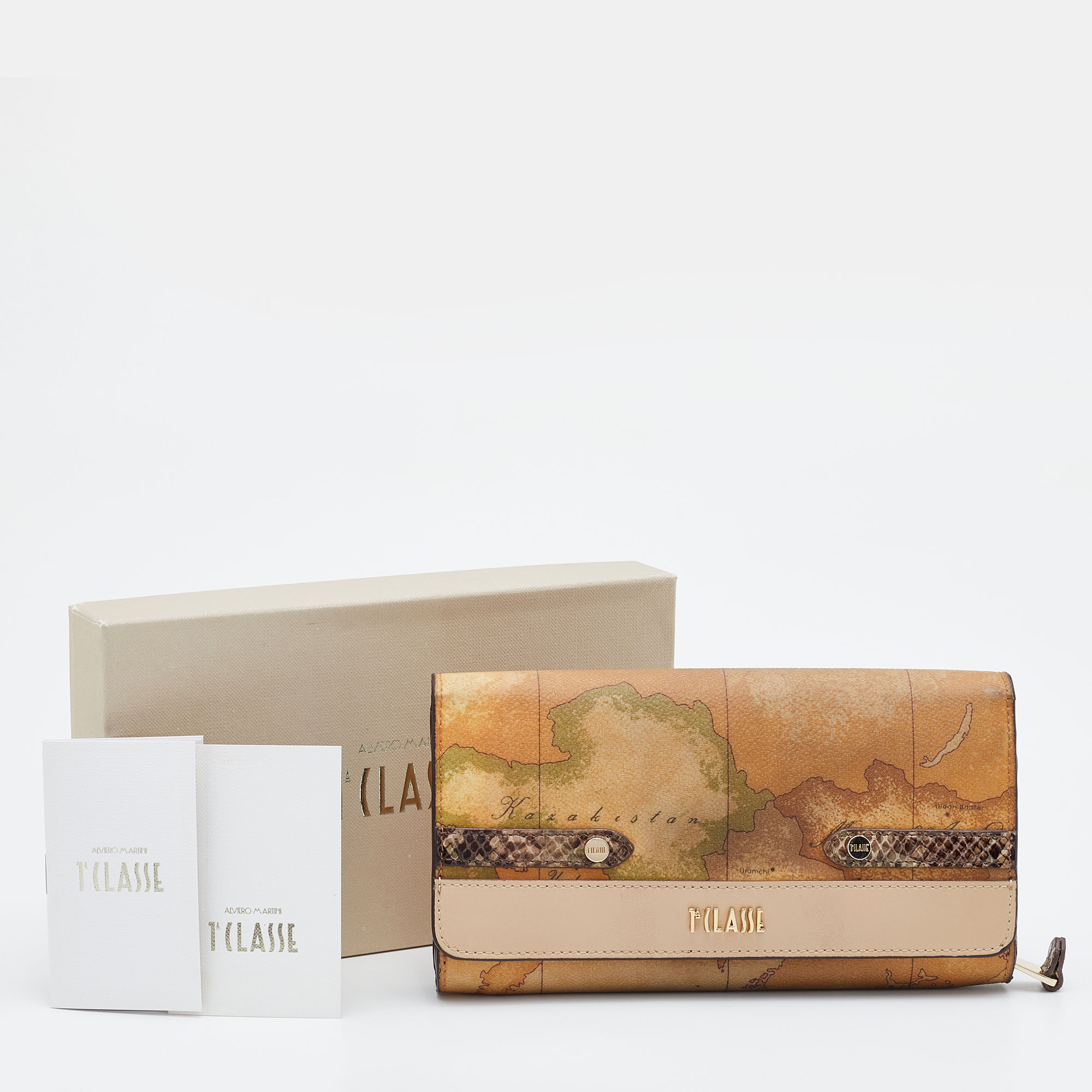 Alviero Martini 1A Classe Tan Geo Print Coated Canvas And Leather Flap Continental Wallet
