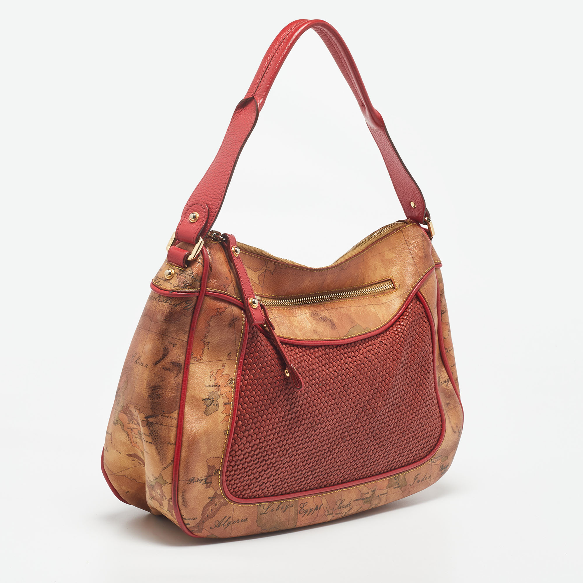 Alviero Martini 1A Classe Tan/Ted Geo Print Coated Canvas And Woven Leather Front Pocket Hobo