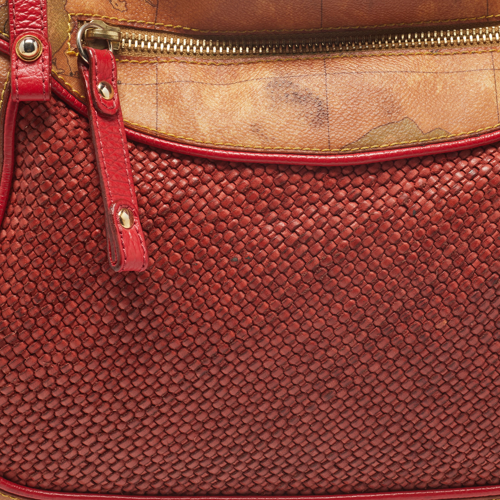 Alviero Martini 1A Classe Tan/Ted Geo Print Coated Canvas And Woven Leather Front Pocket Hobo