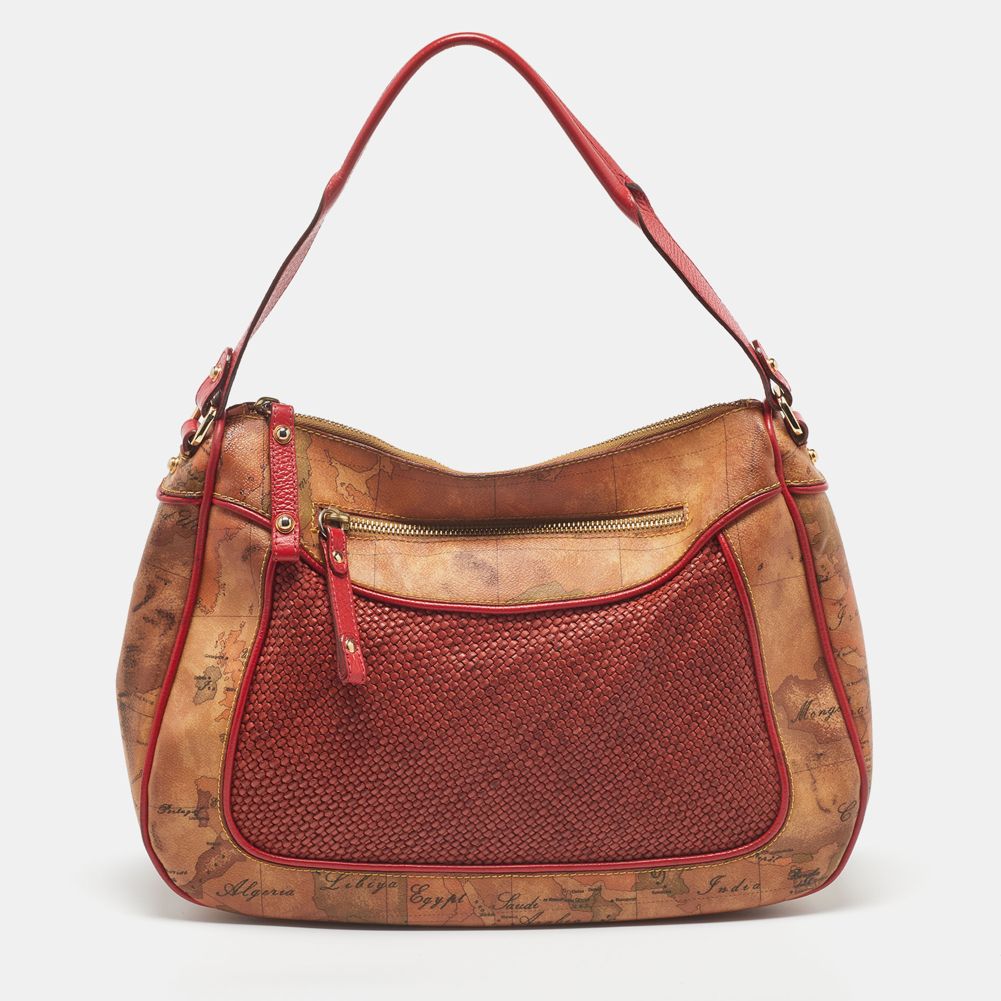 Alviero Martini 1A Classe Tan/Ted Geo Print Coated Canvas And Woven Leather Front Pocket Hobo