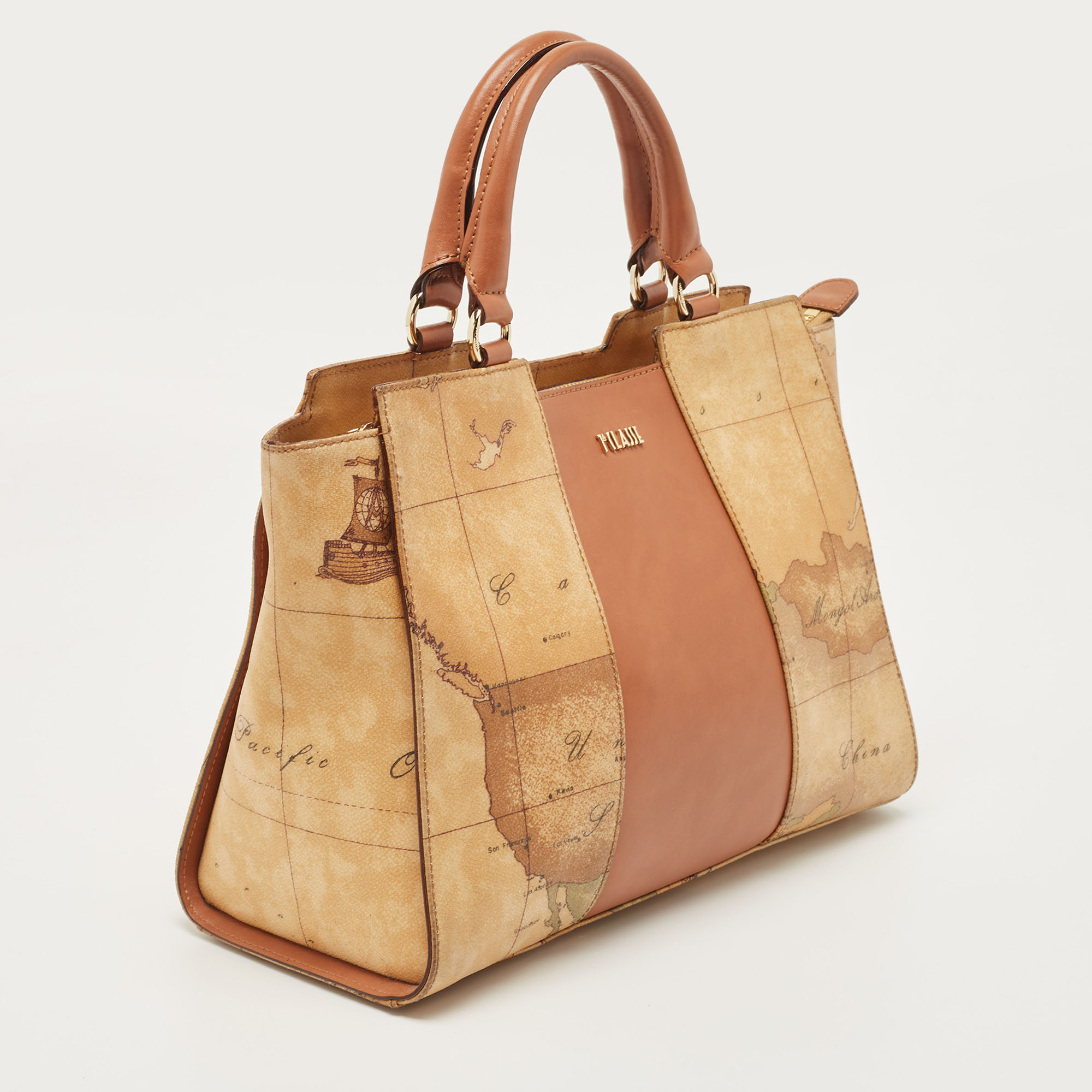 Alviero Martini 1A Classe Tan/Brown Geo Classic Print Coated Canvas And Leather Tote