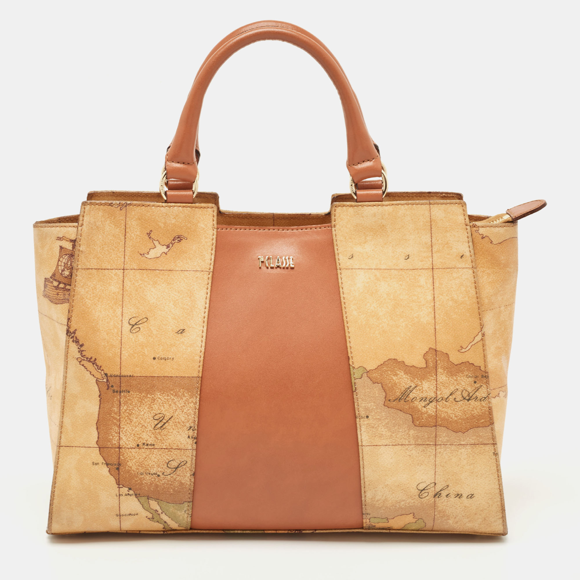 Alviero Martini 1A Classe Tan/Brown Geo Classic Print Coated Canvas And Leather Tote