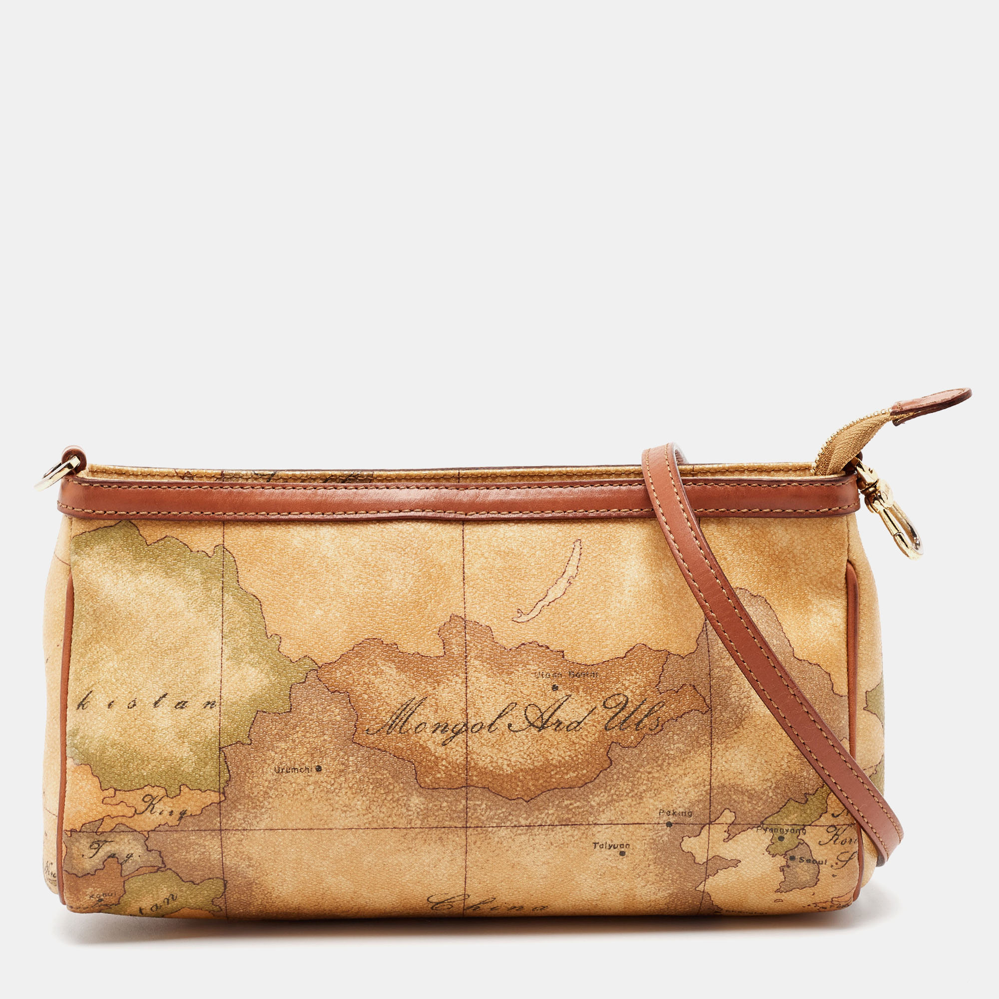 Alviero Martini 1A Classe  Tan Geo Classic Print Coated Canvas And Leather Zip Crossbody Bag