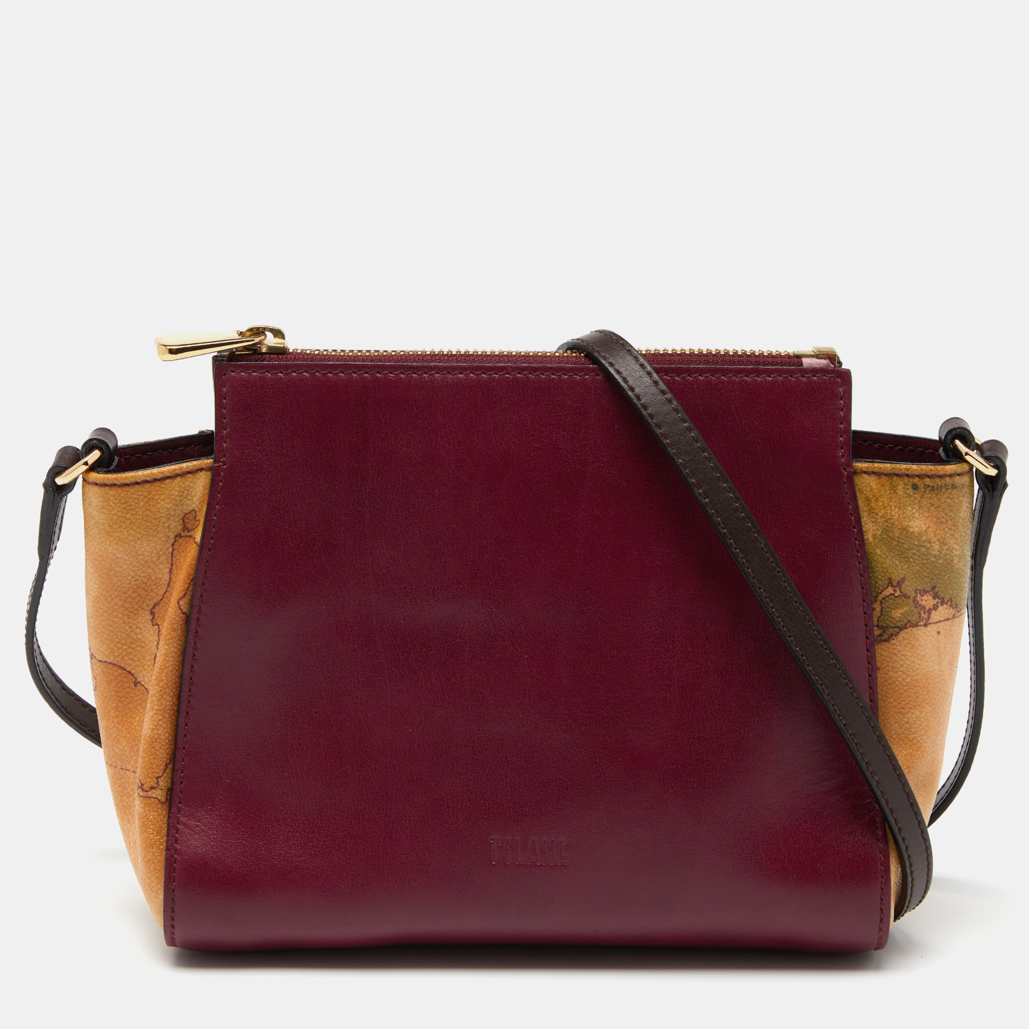 Alviero Martini 1A Classe Burgundy/Tan Geo Print Coated Canvas And Leather Crossbody Bag