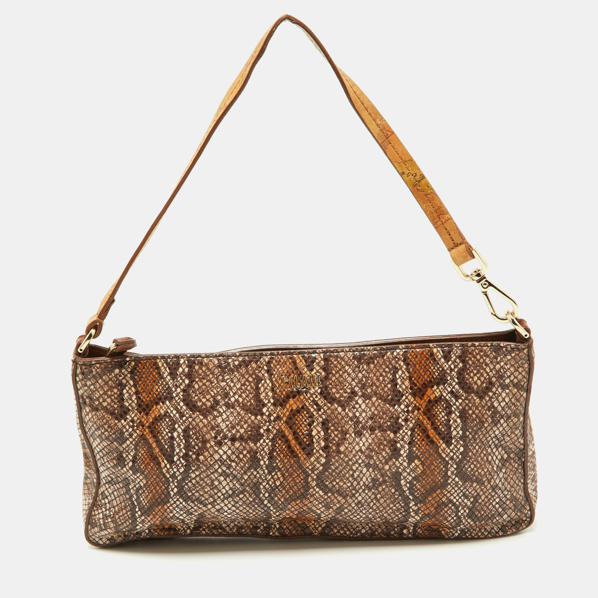 Alviero martini 1a classe brown python embossed and leather zip baguette bag