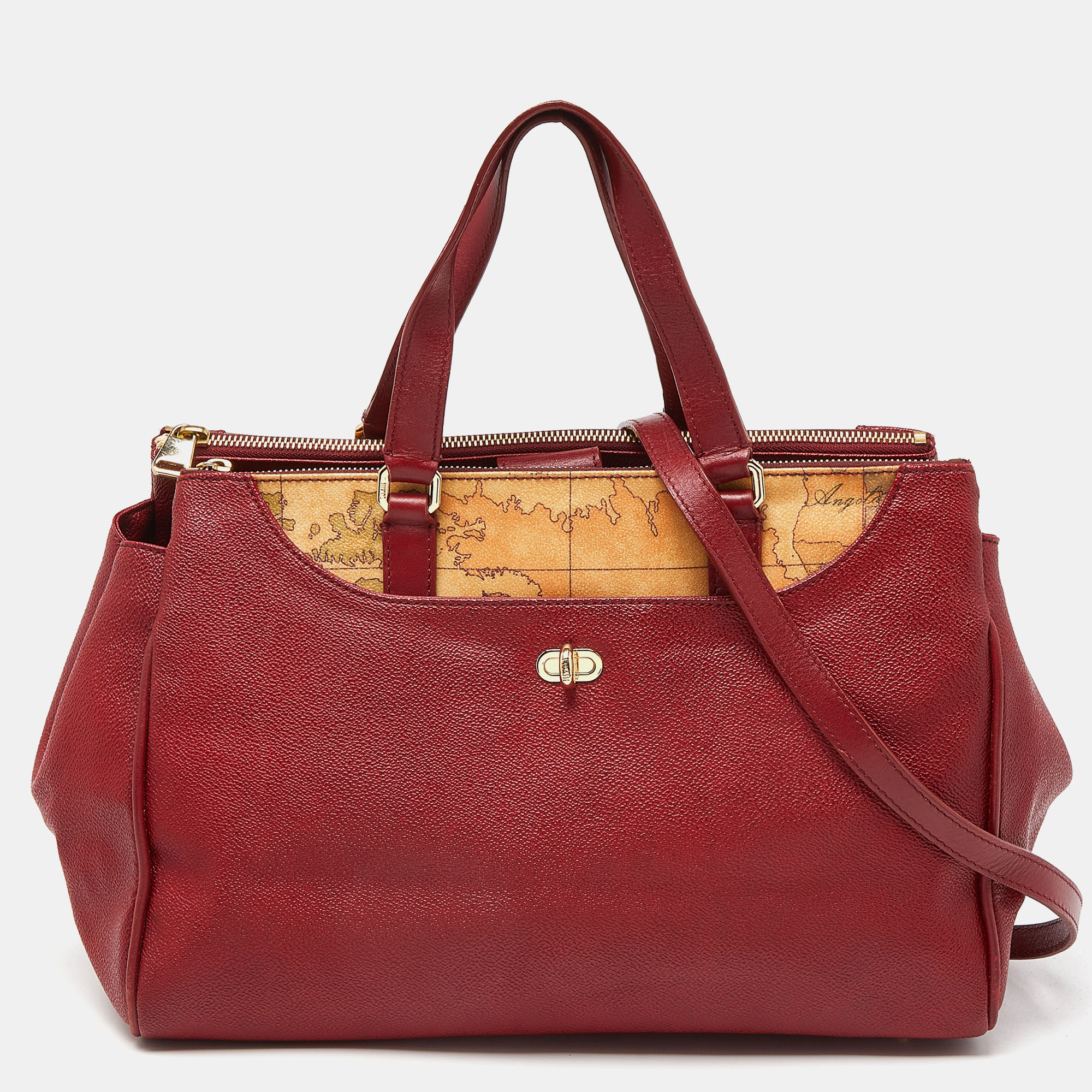 Alviero martini 1a classe red/beige geo print coated canvas and leather tote