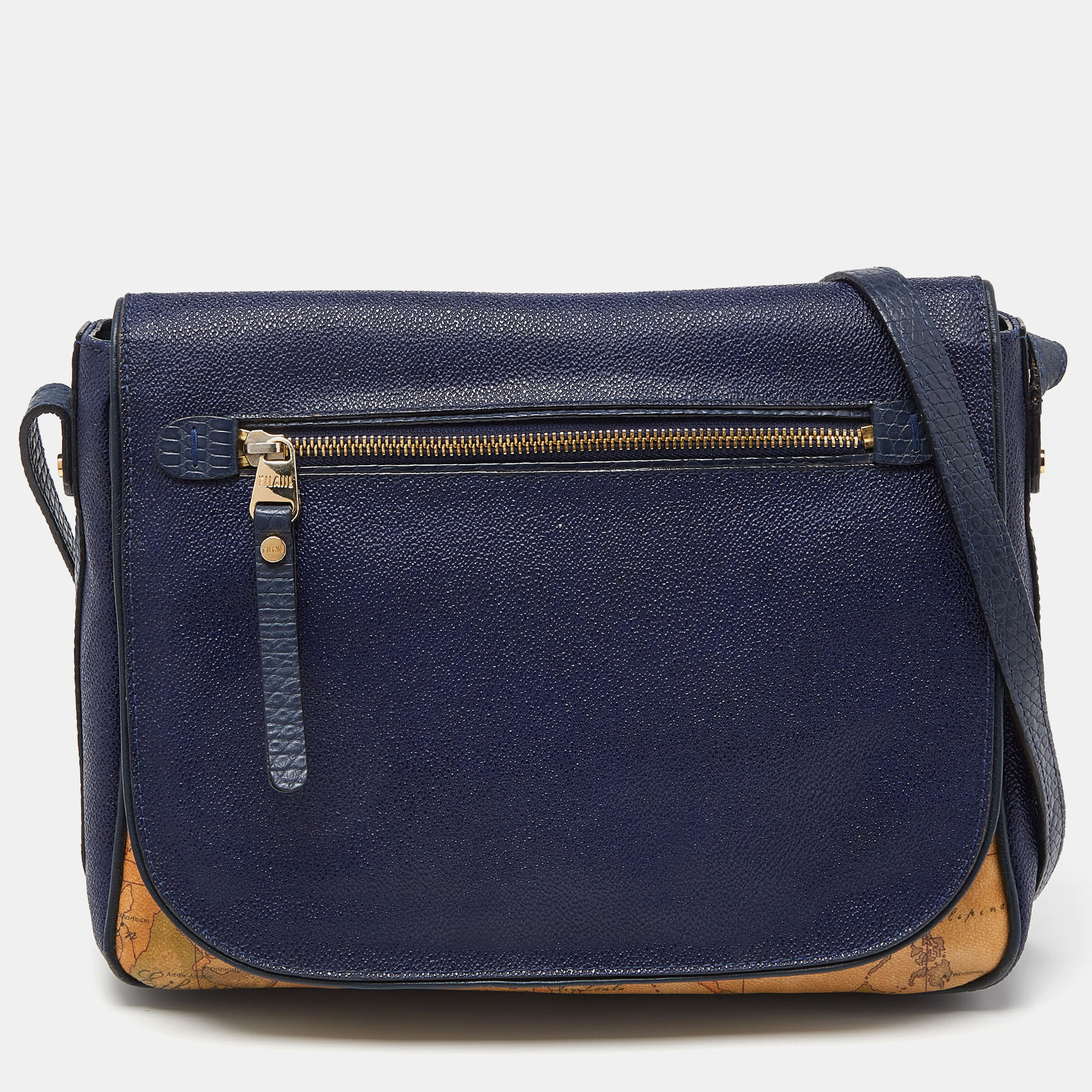 Alviero martini 1a classe tan/blue geo print coated canvas and leather crossbody bag