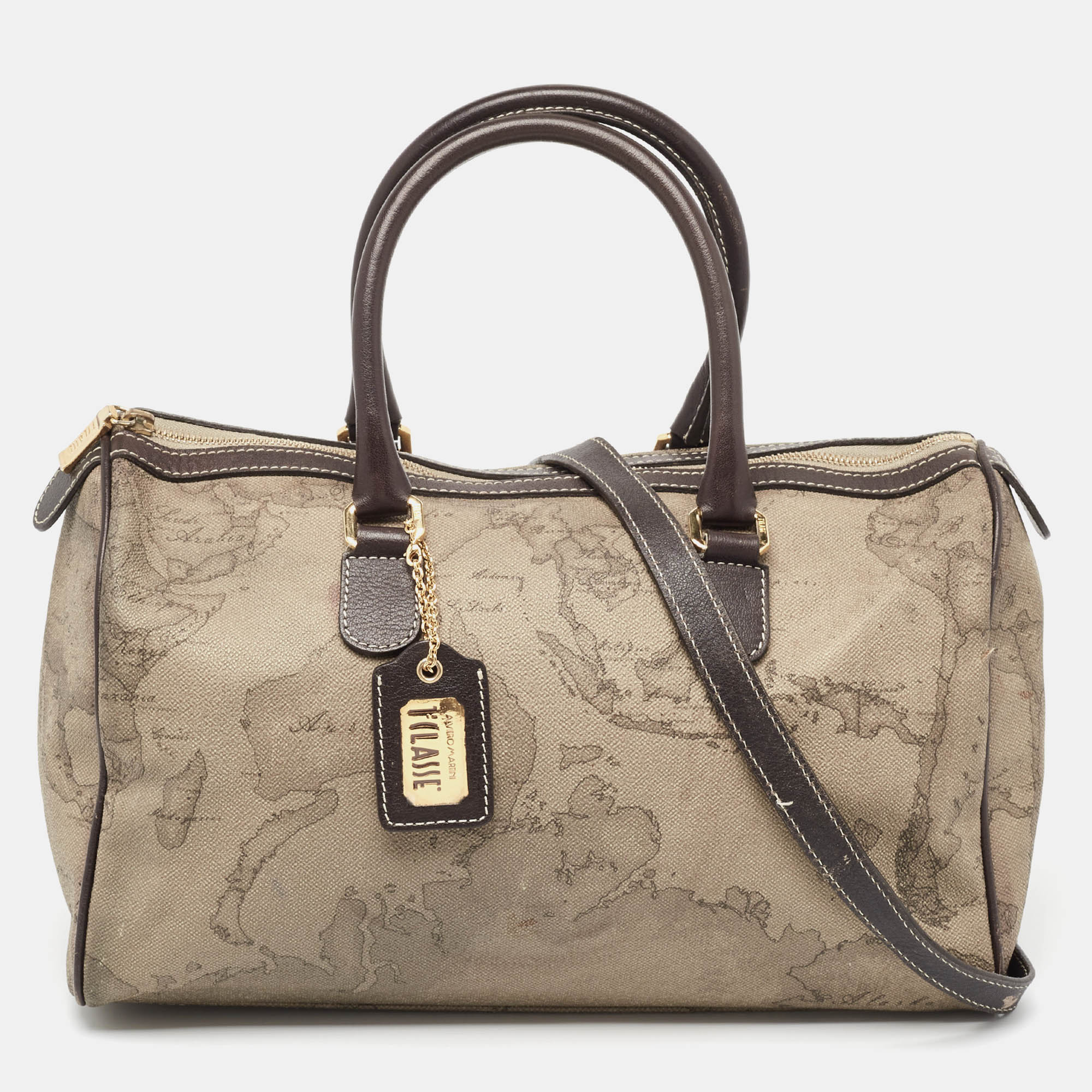 Alviero martini 1a classe grey/brown geo print coated canvas and leather satchel