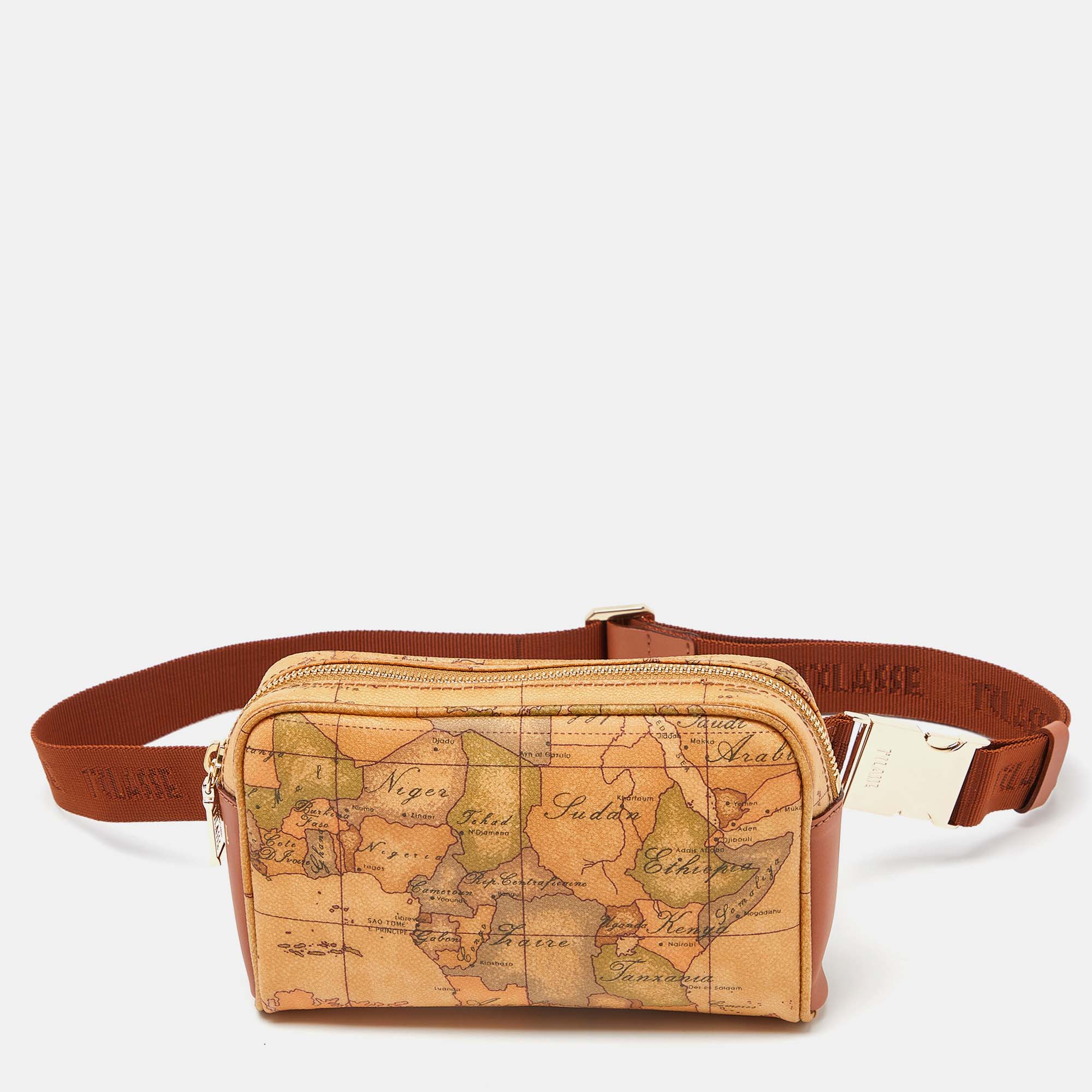 Alviero martini 1a classe brown geo print coated canvas and leather belt bag