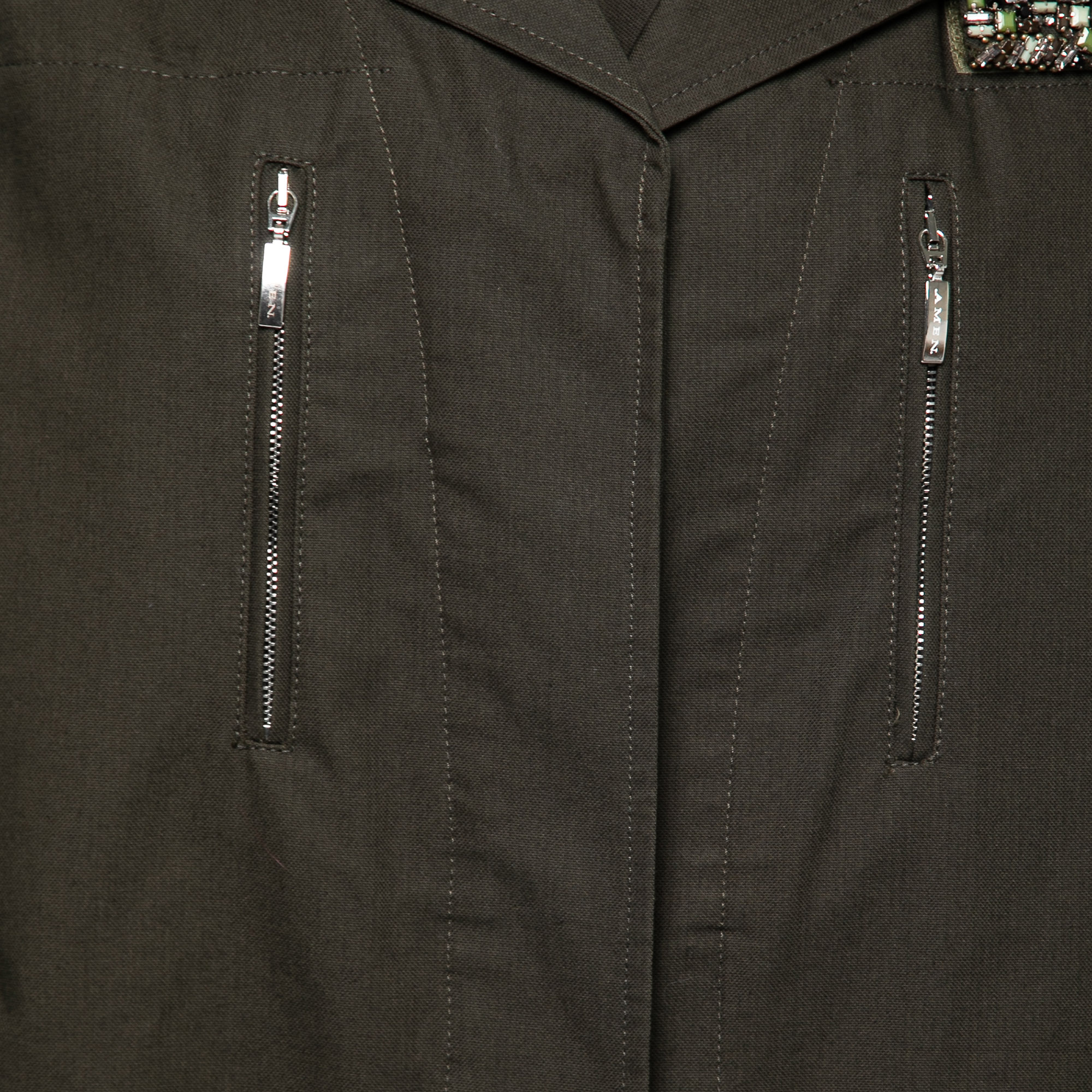 Amen Dark Green Cotton Crystal Embellished Epaulette Detail Military Jacket M