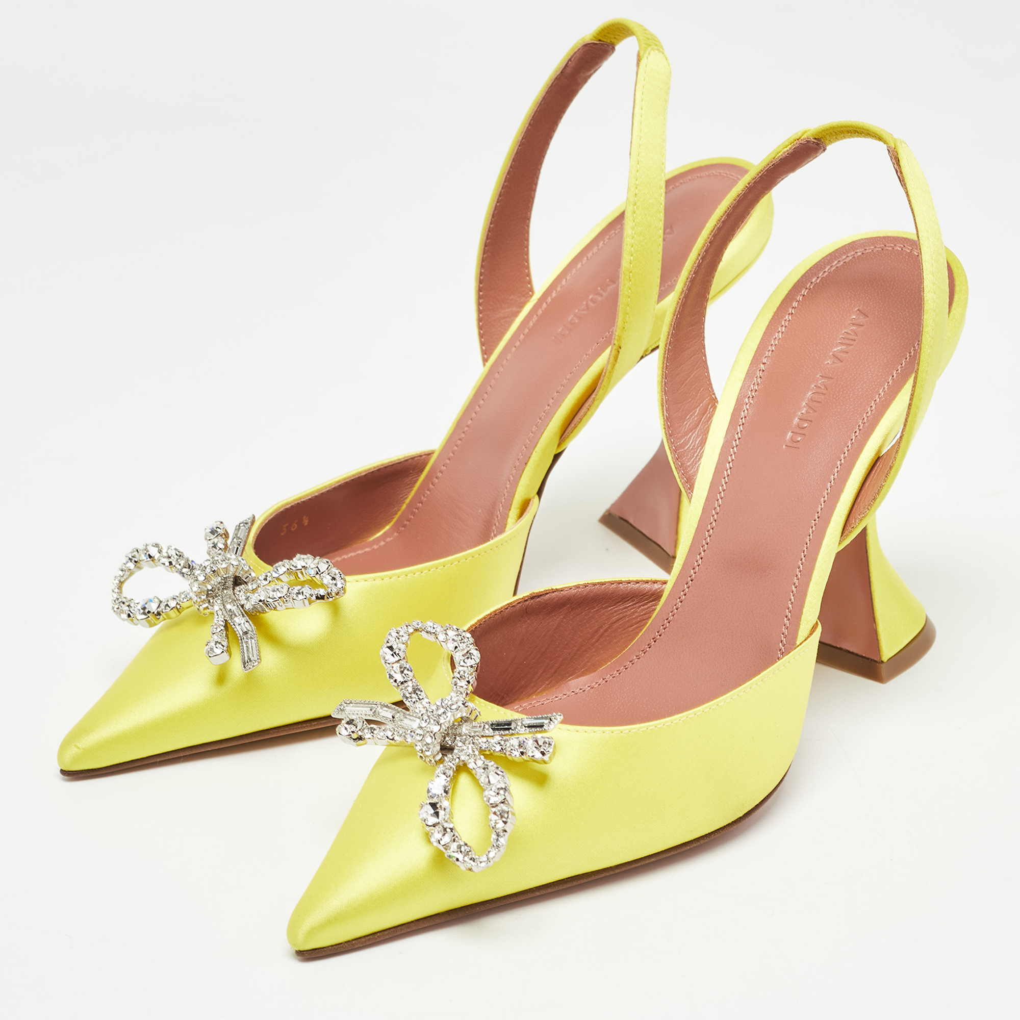 Amina Muaddi Yellow Satin Crystal Embellished Pointed Toe Slingback Pumps Size 36.5