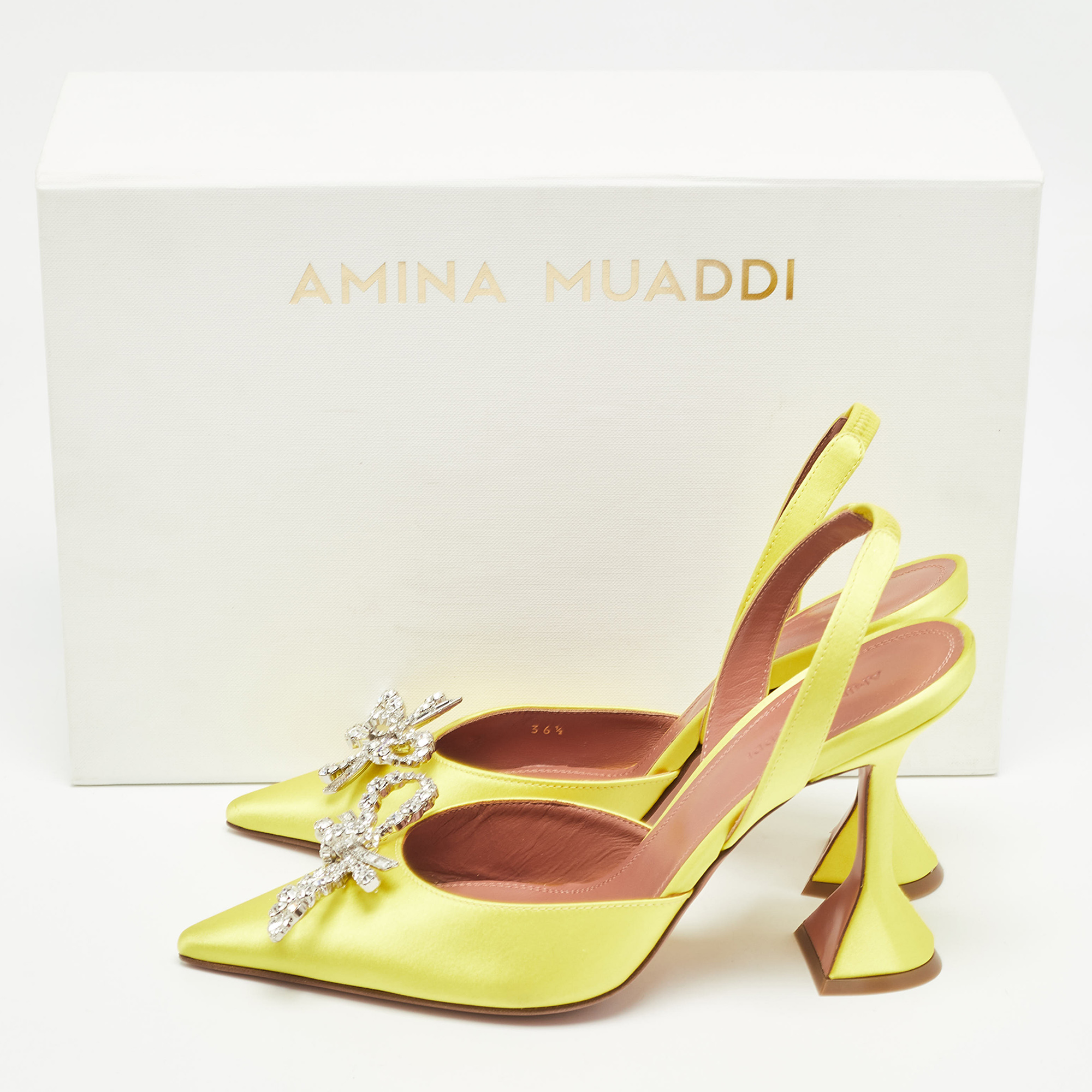 Amina Muaddi Yellow Satin Crystal Embellished Pointed Toe Slingback Pumps Size 36.5