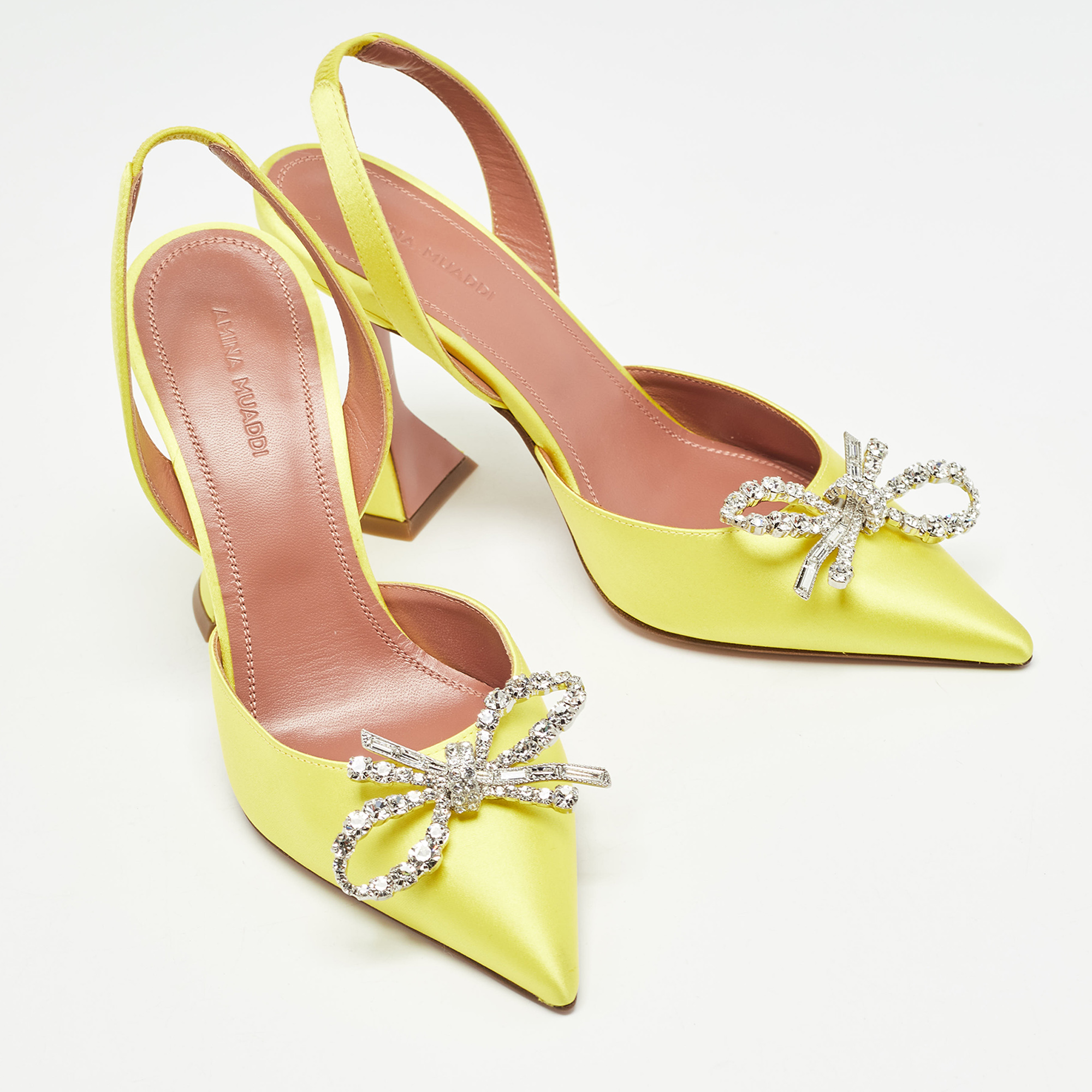 Amina Muaddi Yellow Satin Crystal Embellished Pointed Toe Slingback Pumps Size 36.5