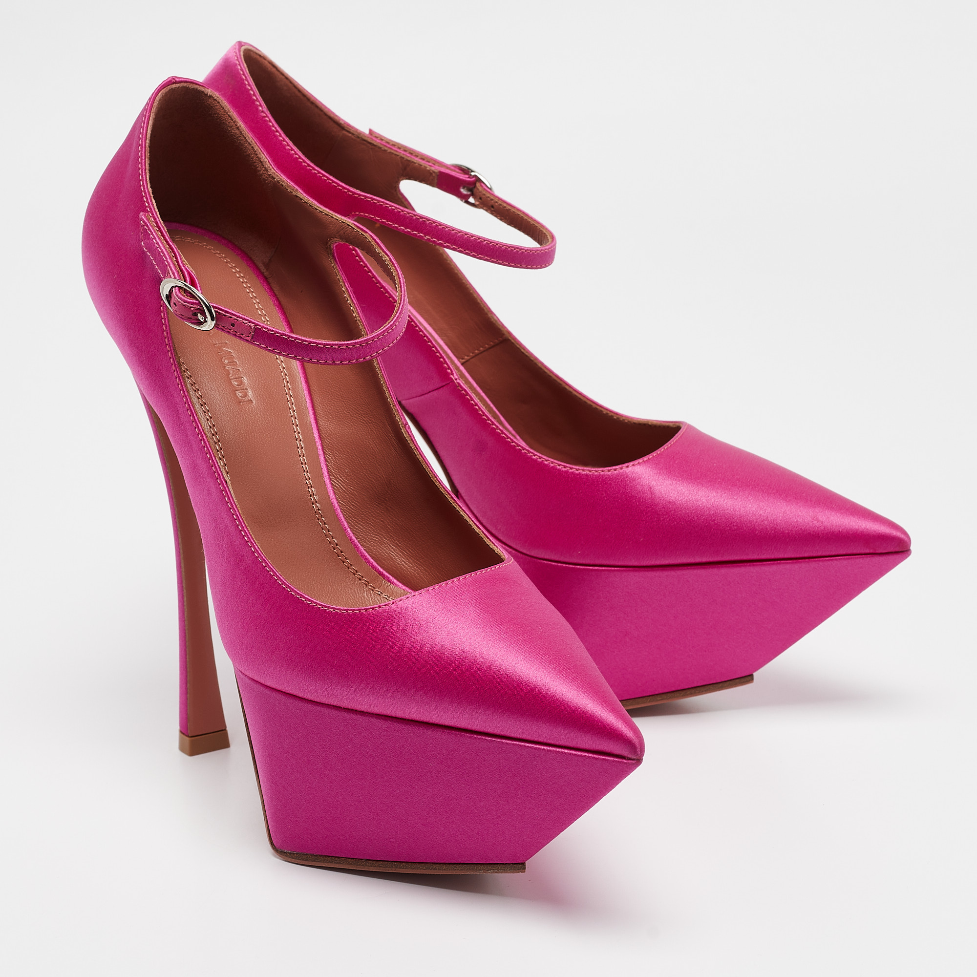 Amina Muaddi Pink Satin Yigit Platform Pumps Size 37.5