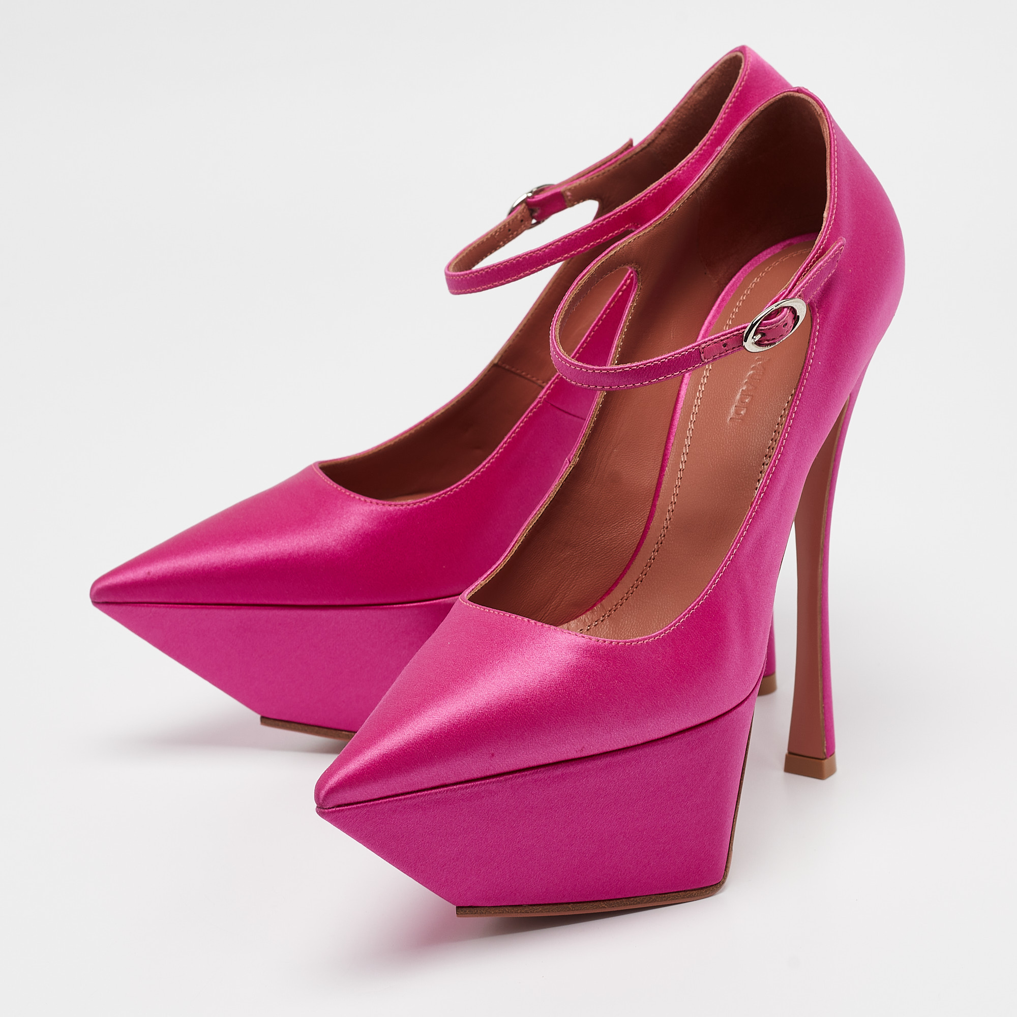 Amina Muaddi Pink Satin Yigit Platform Pumps Size 37.5