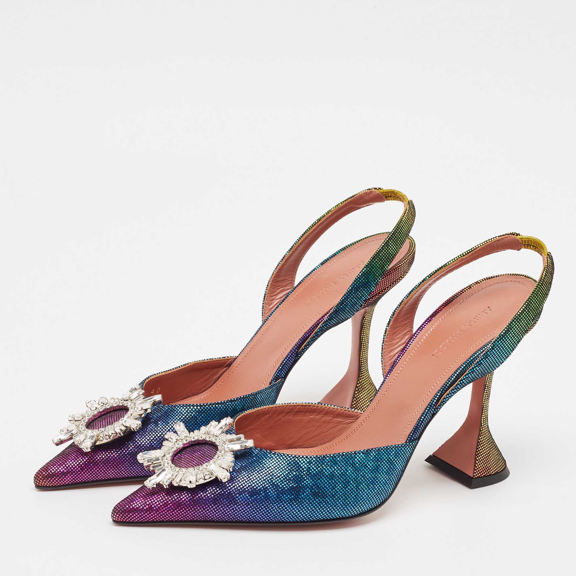 Amina Muaddi Multicolor Metallic Leather Begum Slingback Pumps Size 40