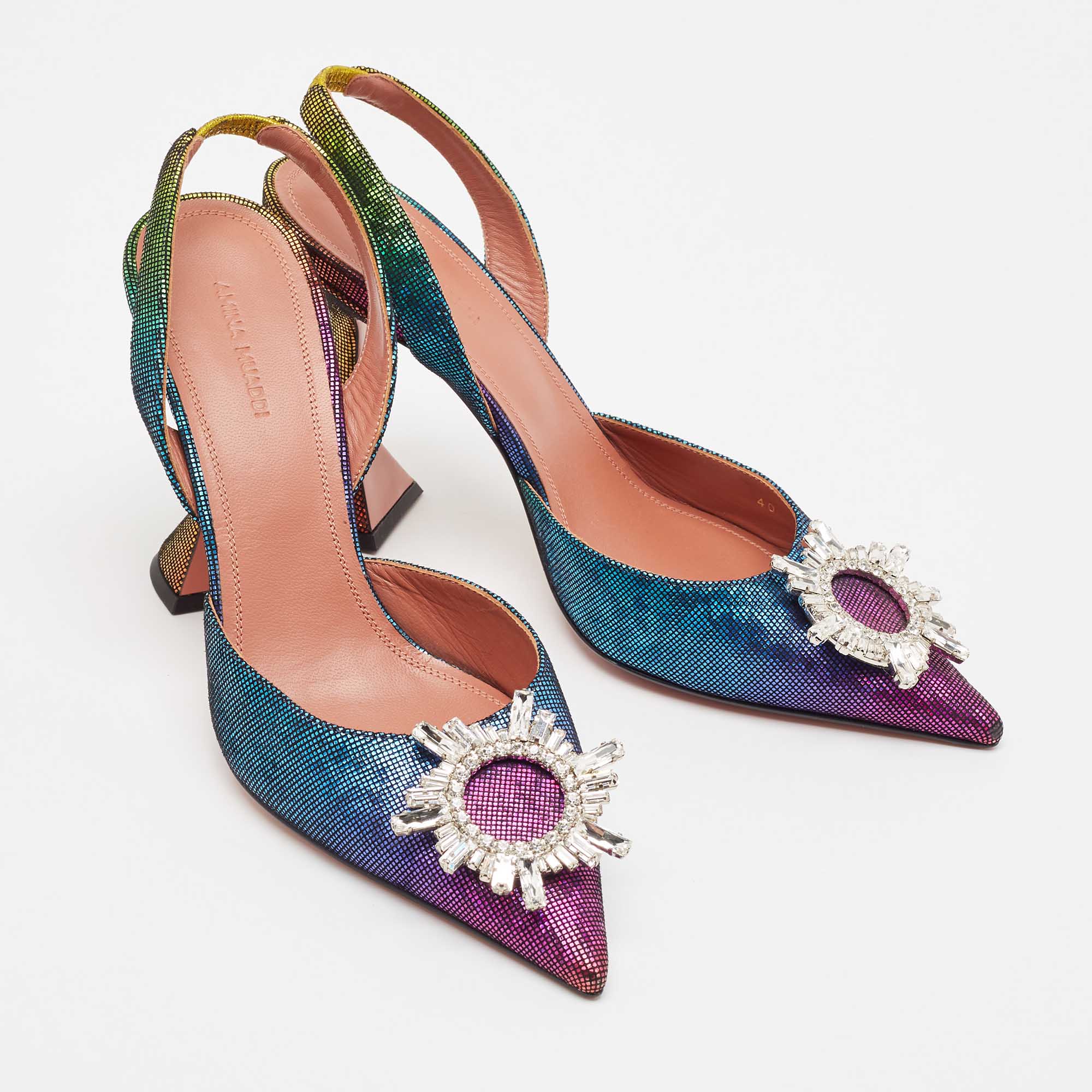 Amina Muaddi Multicolor Metallic Leather Begum Slingback Pumps Size 40